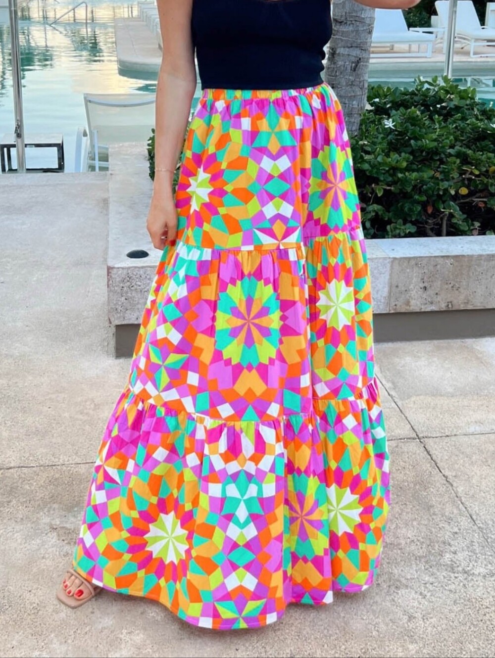 Flying Tomato Colorful Abstract Graphic Colorful Elastic Waist Maxi Skirt Size L